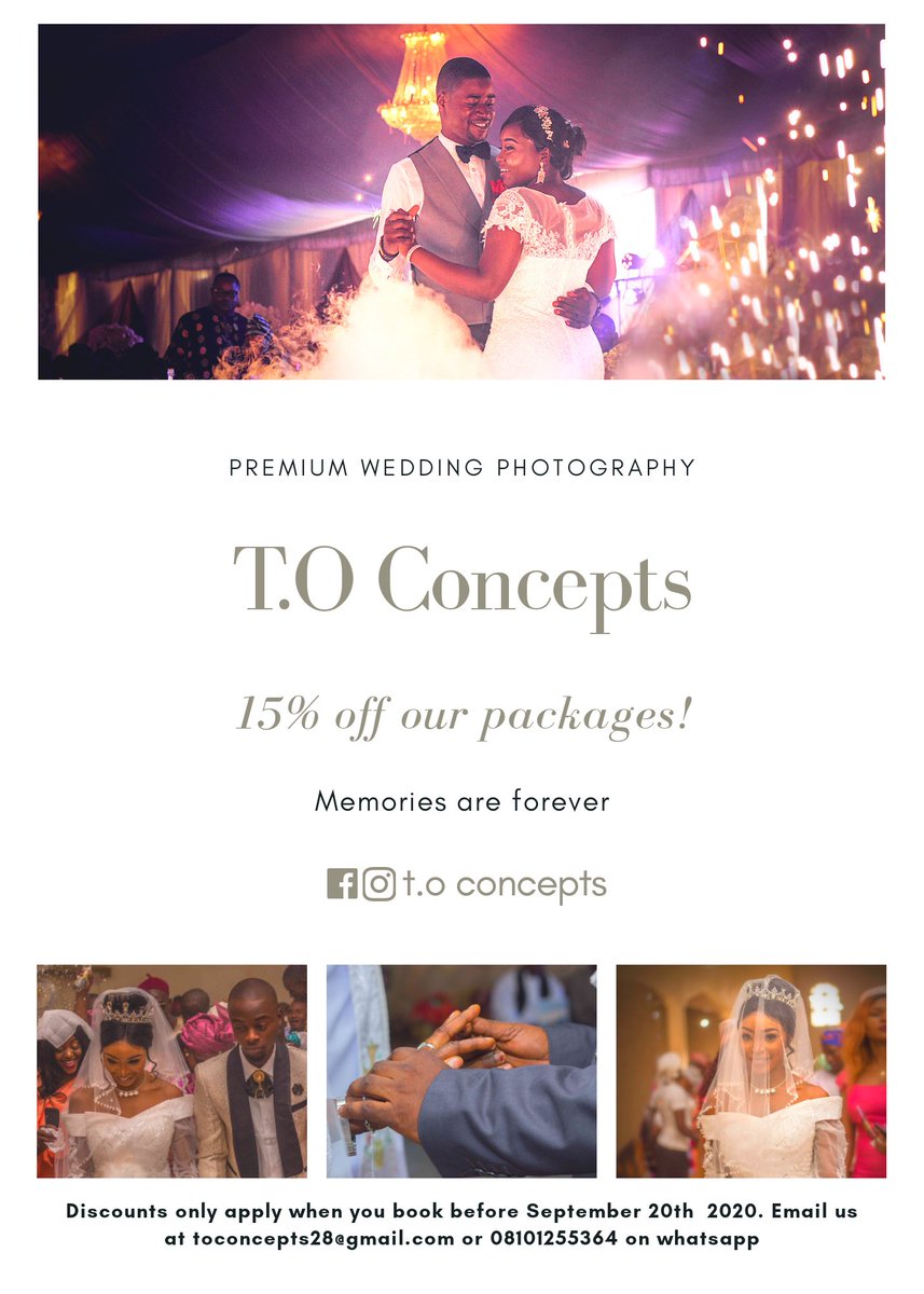 ConceptsO's tweet photo. The performance of your wedding photographer should be the least of your wedding worries. Book #Toconcepts and keep on smiling at your wedding photos years from now.
Please help share this to your timeline.
#weddingphotography #toconcepts #nigeria https://t.co/GXcZzPt22o