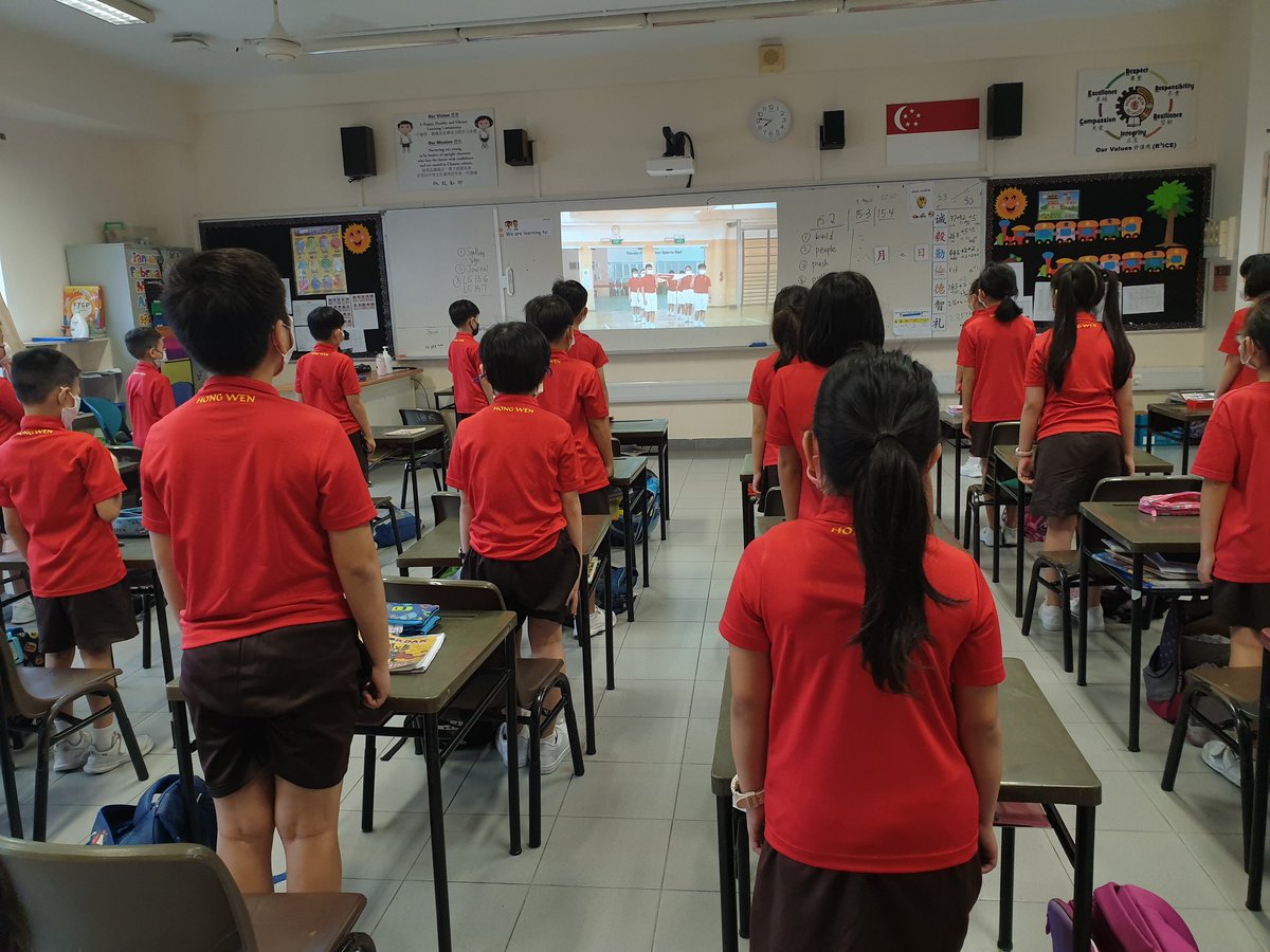 Kowbx2's tweet photo. A celebration in the midst of a pandemic. Celebrating Singapore's birthday in class this year felt strange but the kids were very attentive. They have been looking forward to the celebration and were in NDP mood the whole day. What a year you had, Singapore! #strongertogether https://t.co/zPZhXty9S1