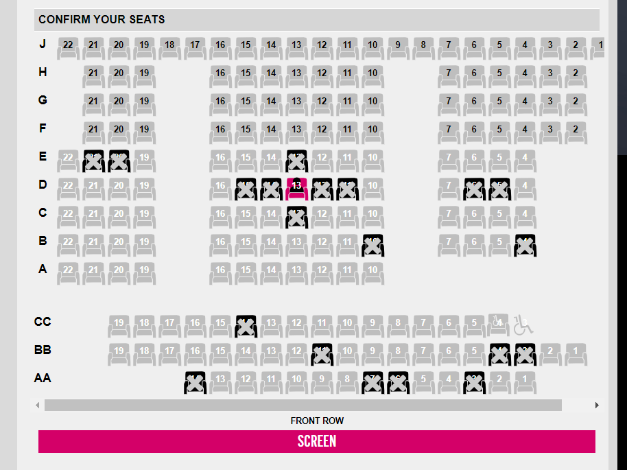 Empire, one of the small chains, also deserves a pat on the back because they too are also doing things correctly. When I book a seat here (13), the next screen shows that they are blocking off the entire area around it, in correct cluster patterning.