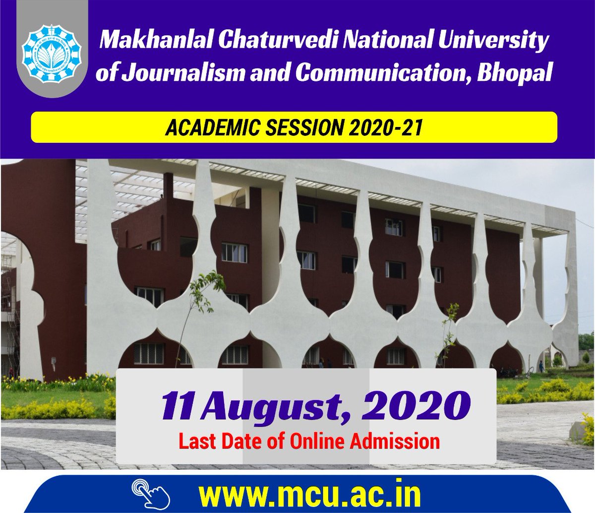 mcu_bhopal's tweet photo. #MCU #Admission2020-21
 #ElectronicMedia #MassCommunication #Journalism #NewMedia #MediaManagement #Computers #MediaResearch #FilmProduction #APR #ECommerce #BroadcastJournalism #PrintingPackaging  #LibrarySciences
Online Admission 2020-21
Visit - https://t.co/NUnxOEk8Cj https://t.co/5wW4wBuFtS