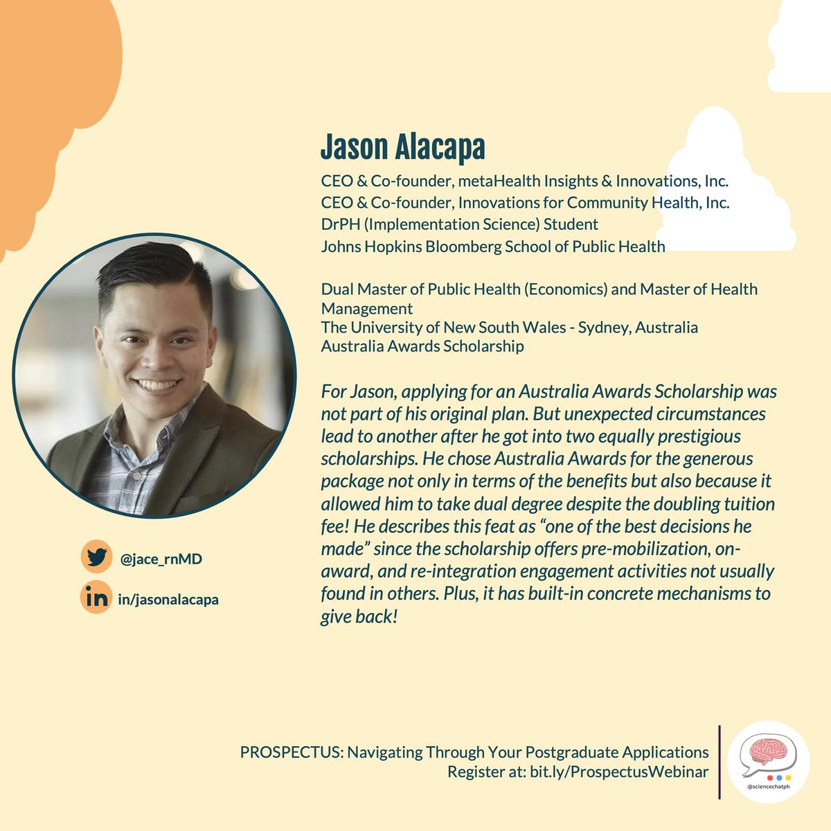 jacePHursuits's tweet image. TONIGHT @ 7PM --- SCHOLARSHIPS ABROAD!? 
Know more about Australia Awards and other available opportunities waiting for you! Hosted by #ScienceChatPH, see you in this webinar TONIGHT at 7PM PHT. 
Register: bit.ly/ProspectusWebi…
#Prospectus #GetIntoMasters #PinoyScientists