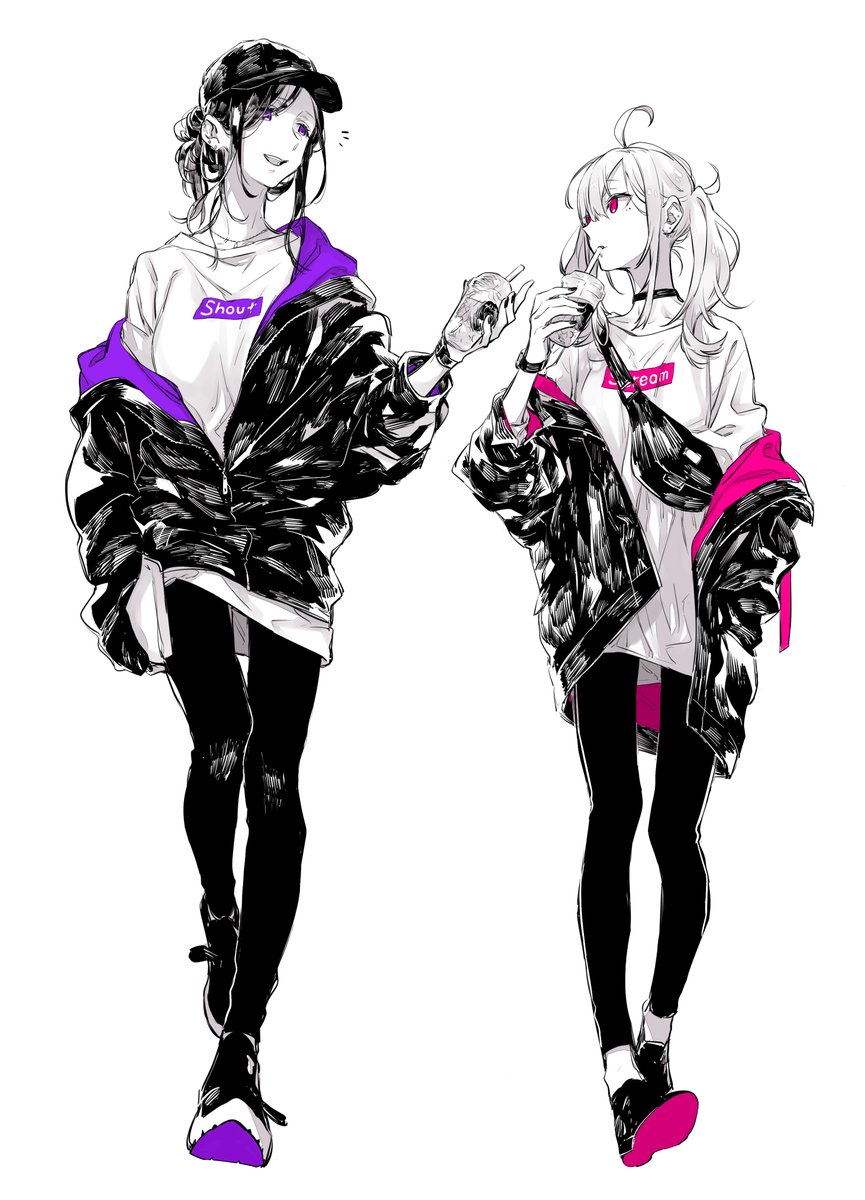 2girls multiple girls jacket hat ahoge twintails purple eyes  illustration images