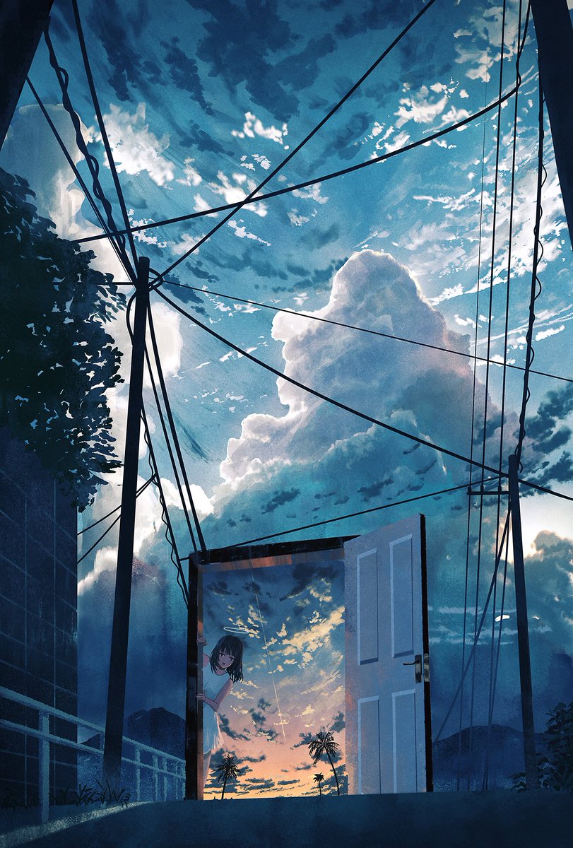 1girl cloud sky outdoors scenery utility pole power lines  illustration images