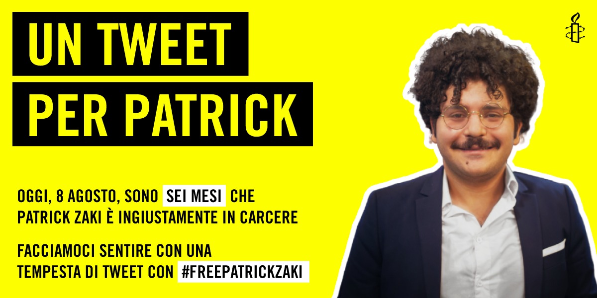 amnesty_unibo's tweet photo. Patrick è detenuto ingiustamente da  6 lunghi mesi solo per il suo attivismo in favore dei diritti umani.
Mentre noi siamo in vacanza, uno studente come noi è detenuto per aver chiesto verità e giustizia per Giulio
Tutto questo è inaccettabile. 
#FreePatrickZaki #PatrickZaki https://t.co/bginIASCsV