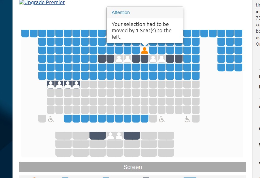 Odeon's system here is also moving me around when I try to book behind someone. That said, it does seem to struggle with two people seated, given it wasn't moving me when I selected to sit behind the seat on the right of either pair...