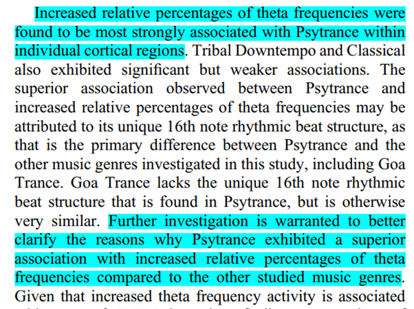 Selanjutnya, penelitian tersebut menunjukkan bahwa “Psytrance menunjukkan peningkatan terhadap frekuensi teta pada otak dibandingkan genre lagu lain” (dalam penelitian tersebut)