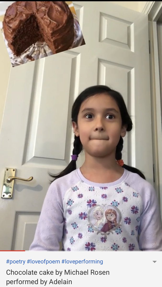 TessTrusu's tweet photo. Chocolate cake by Michael Rosen performed by Adelain https://t.co/8nIMZAPm6a via @YouTube #chocolatecake @MichaelRosenYes https://t.co/hitxMj6O8M