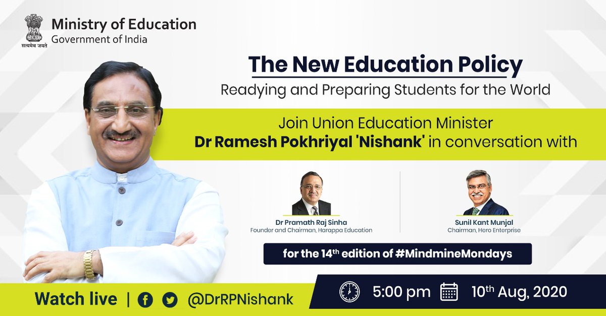 Ministry Of Education On Twitter Join Union Education Minister Drrpnishank In Conversation With Dr Pramath Raj Sinha Founder Chairman Harappa Education Sunil Kant Munjal Chairman Hero Enterprise Topic New Education