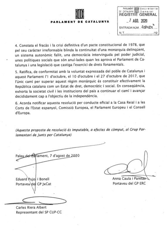 XavierAntich's tweet photo. “El Parlament de Catalunya declara que Catalunya es republicana i que, per tant, no reconeix ni vol tenir cap rei”. “L’únic camí per superar aquest règim monàrquic és constituir efectivament la República catalana”.

Acord MOLT important de @JuntsXCat @Esquerra_ERC @cupnacional https://t.co/09hQqmbsPq