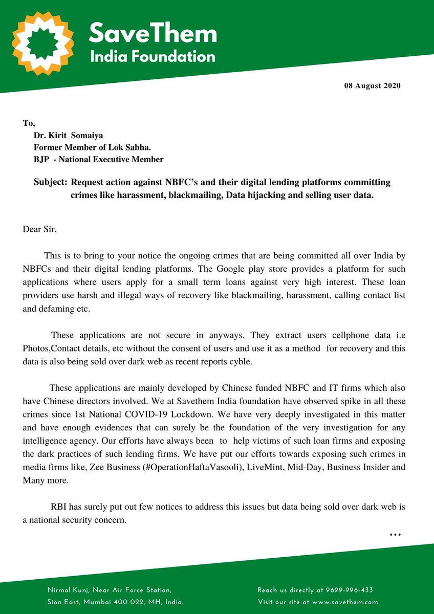SaveThemIndia's tweet photo. Respected @KiritSomaiya ji, 

This is regarding Illegal Online Lending Apps and Blackmailing customers with their DATA for Money recovery in this Lockdown. This leads to National Data Security Threat. Requesting you to take action.

#OperationHaftaVasooli #BJP #India @GoI_MeitY https://t.co/fZXHZ3pZ8z