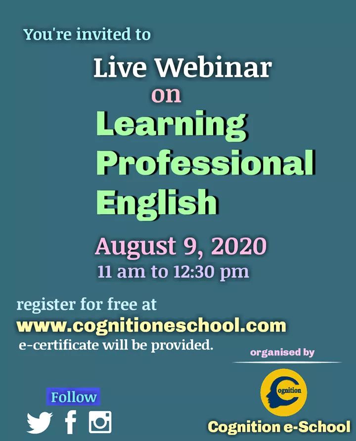 CognitionSchool's tweet photo. We are looking forward to have a live and interactive session with you on Sunday August 9, at 11.00 AM to 12.30 PM.
Register for Free at https://t.co/XMoDE3qrjL
#LearningProfessionalEnglish
#CognitioneSchool #Online #Education https://t.co/5MPFIhve4x