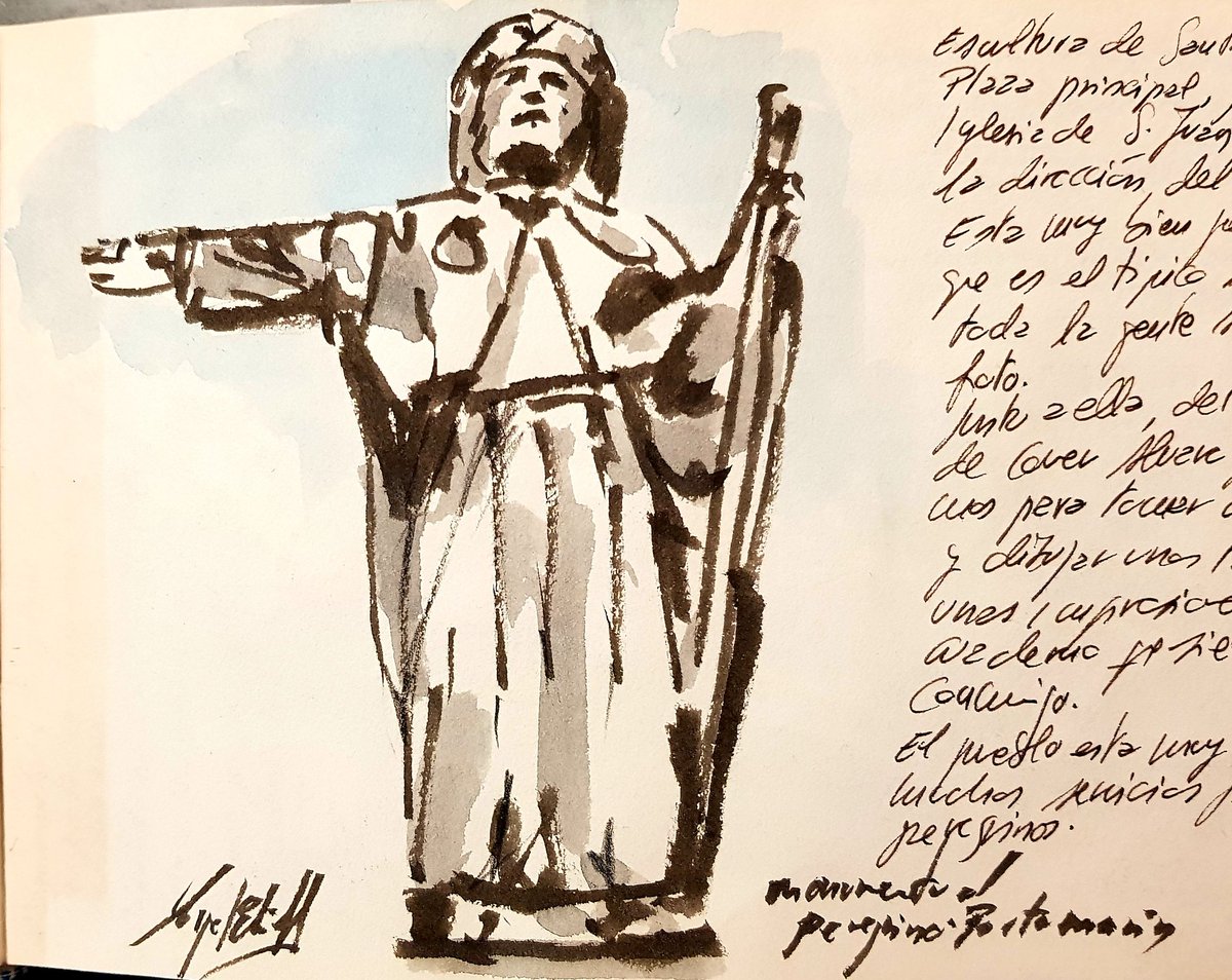 Mi Cuaderno de Peregrino. Escultura de Santiago Peregrino en Portomarin. Un pintor en el Camino Francés.
#walking #artofwalking #thewaytosantiago #cuadernosdepintor #peregrino #miguelelias #santiagocompostela  #caminofrances #sketchbook #catedralSantiago #urbansketcherschers