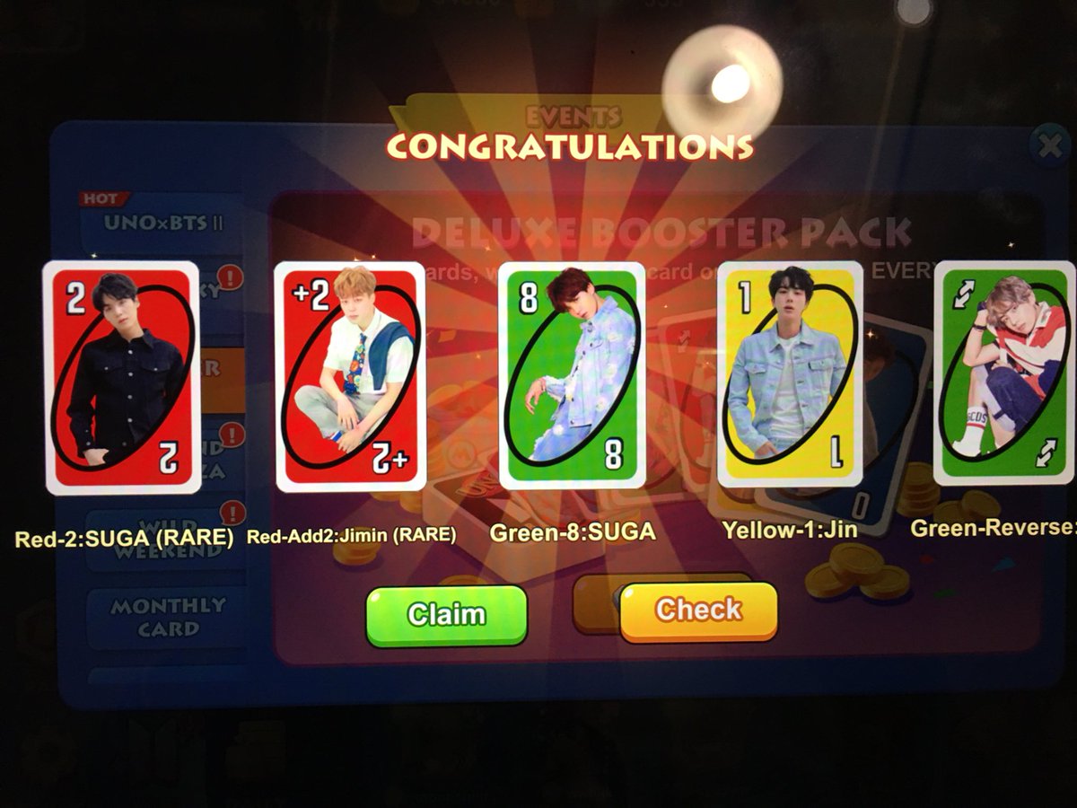 thatbusanboy's tweet photo. Got extra Red V reverse, Red Jimin +2 and Red Jungkook Skip to trade for epics (Wild BTS and RM +4) #BTSxUNO #UNOxBTS https://t.co/vW2hJvzaHX