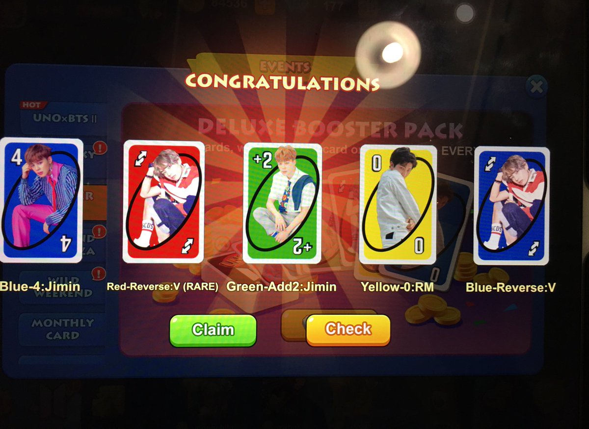 thatbusanboy's tweet photo. Got extra Red V reverse, Red Jimin +2 and Red Jungkook Skip to trade for epics (Wild BTS and RM +4) #BTSxUNO #UNOxBTS https://t.co/vW2hJvzaHX