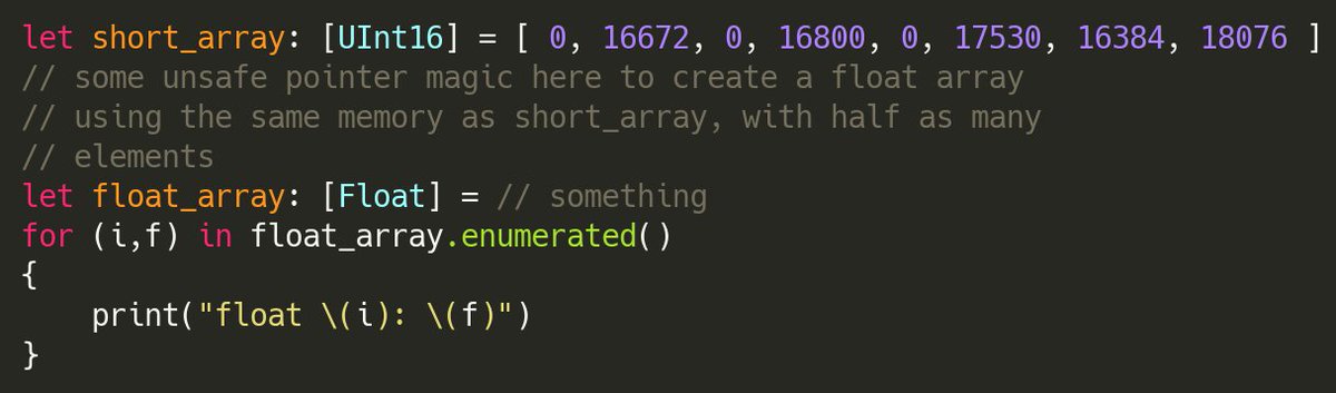 sergevank's tweet image. Need some #swiftlang help! Porting some legacy decompression code, where ideally I would access memory both as a Uint16 and a Float array. Easy in C/C++, but what's the most efficient way to do that in Swift? @UINT_MIN @johnsundell #codingquestion