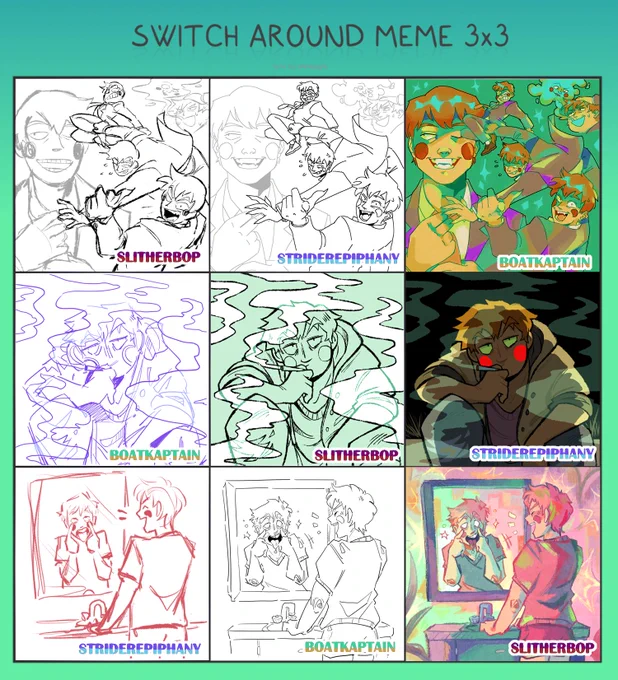 fuckin AWESOME 3x3 collab meme with my buddies @Slitherbop and @striderepiphany!! as well as my individual parts. we all went absolutely ham and lived our gayest lives and i think the final products represent our unique strengths as artists to the UTMOST >:) #mobpsycho100 #ekurei 