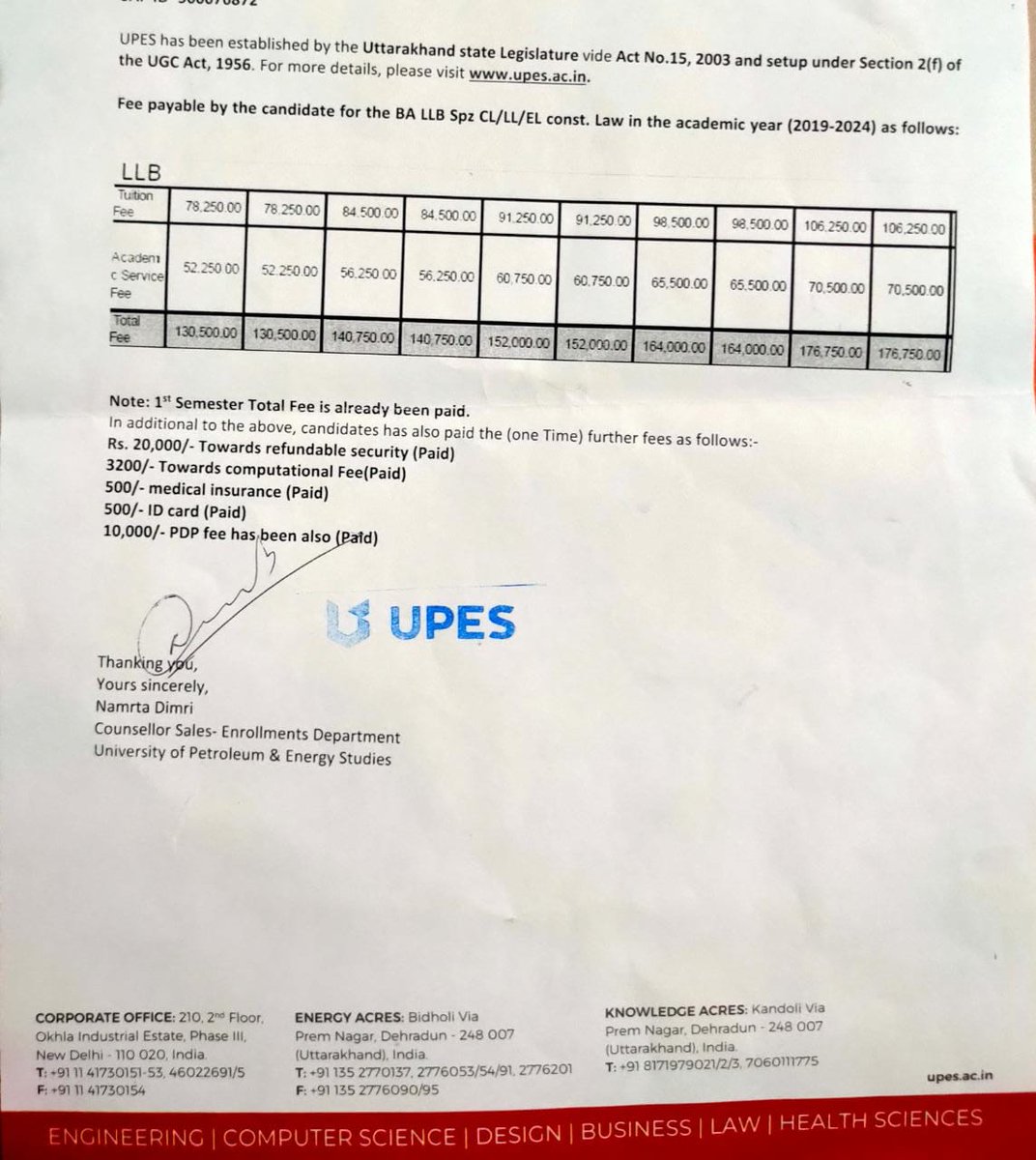 reparome's tweet photo. When we got enrolled in the college, the fee structure we were given had Rs. 1,40,750 for the third semester and now the fee invoice has an opening balance of 1,44,450. 
why? Since, the college is not responding to mails, it might reply here.
#UPESFEES #UpesFeesKamKarona https://t.co/NDpCGaPc9a