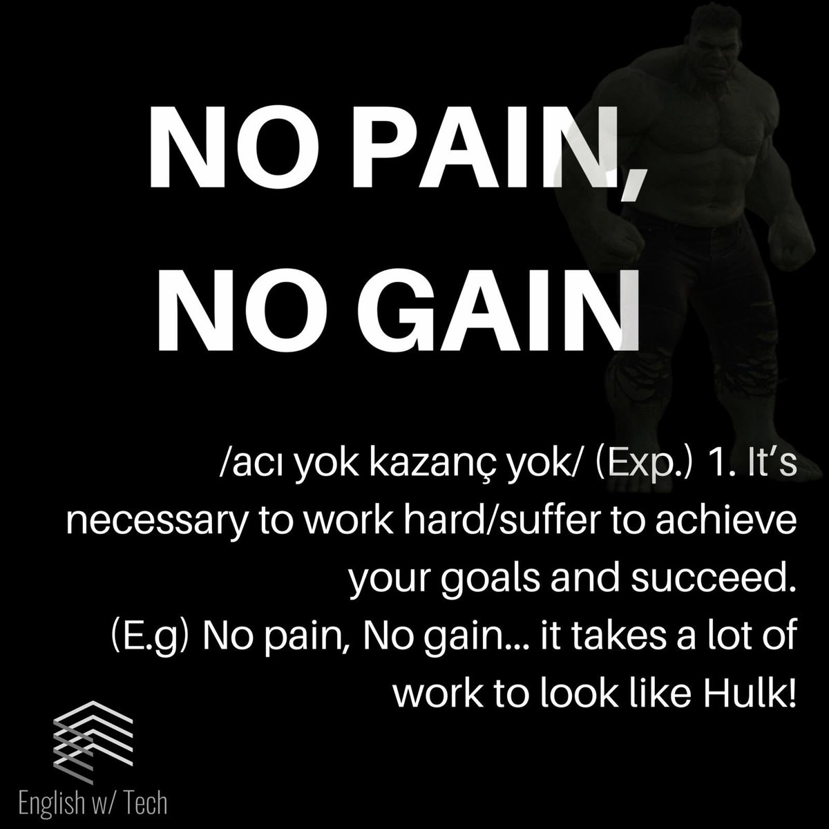 Hedeflerinizi gerçekleştirmek ve başarılı olmak için sıkı çalışmalısınız/acı çekmelisiniz. Örnek: Acı yoksa kazanç yok, Hulk gibi görünmek çok çalışma gerektirir🤪💪🏋️‍♂️
englishwtech.com
#ingilizcekonusmakulubu #ingilizcekonusuyorum