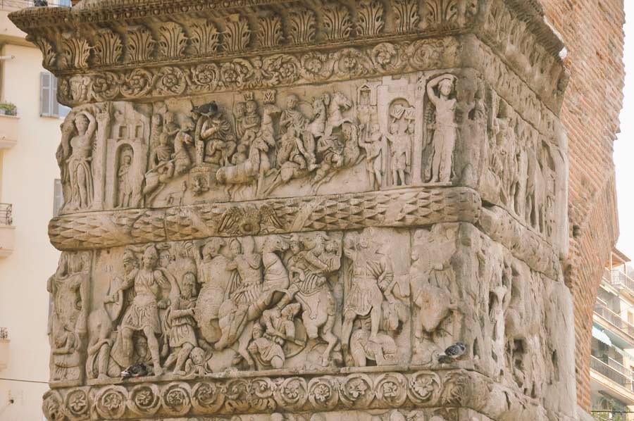 Panels from the Triumphal #Arch of #Galerius, #Salonica. Top, #Galerius entering a city. Centre, Galerius in battle, trampling down the #Persians. Below, much worn, the four #Tetrarchs among the #Olympians.
#Archaeology 
#Roman #architecture