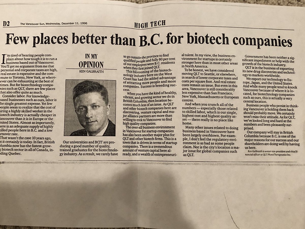 galbraithken's tweet photo. A throwback newspaper article for supporting BC Biotech from a very young CFO — still true after 25 years! No place like home ... #bcbiotech #bcpoli #zymeworks #abcellera #aurinia #aspectbiosys https://t.co/w1KND3PyBp