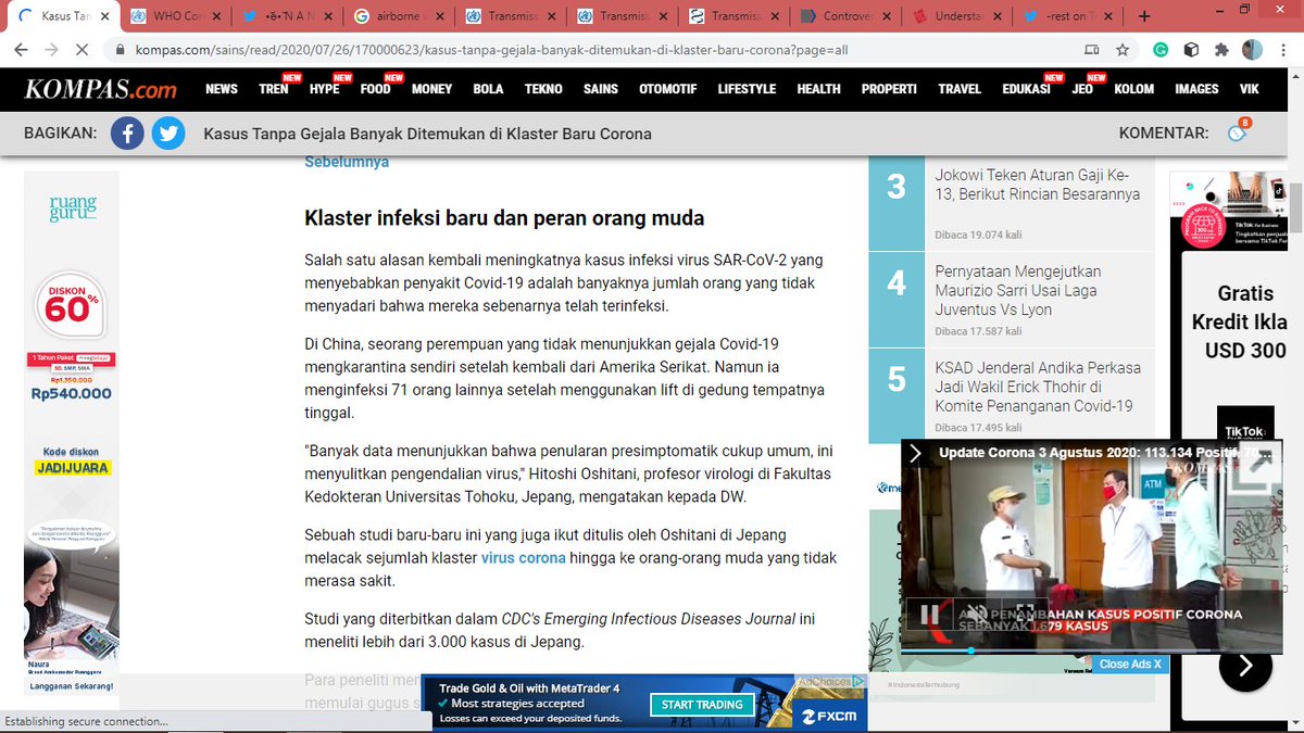 Ini bisa jadi contoh, kalo carrier C19 itu nyata, orang tanpa gejala itu ada, dan orang dengan gejala minimal pun masih bisa menulari orang lain. https://www.kompas.com/sains/read/2020/07/26/170000623/kasus-tanpa-gejala-banyak-ditemukan-di-klaster-baru-corona?page=all