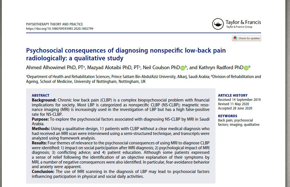 Psychosocial consequences of diagnosing nonspecific low-back pain radiologically: a qualitative study

👀👀👇👇

tandfonline.com/doi/full/10.10…