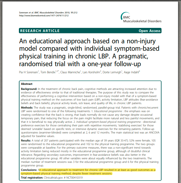 An educational approach based on a non-injury model compared with individual symptom-based physical training in chronic LBP. A pragmatic, randomised trial with a one-year follow-up

👀👀👇👇

…musculoskeletdisord.biomedcentral.com/articles/10.11…