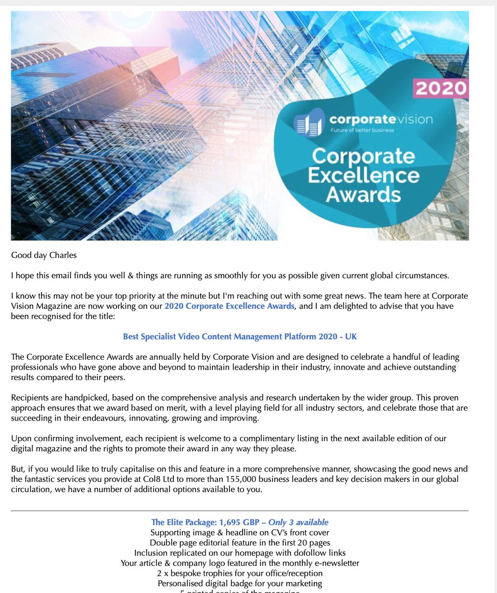 Col8Ltd's tweet photo. @nicalpi What we didn't win Best specialist Video content management platform 2020 - UK (which we aren't anyway)?!?!?! 😂 https://t.co/hnIuX1bPdk