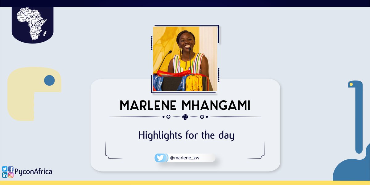 pyconafrica's tweet image. Happening now Marlene Manghami @marlene_zw delivers highlights of the day.

#PyConAfrica20 #PyExciting #Python