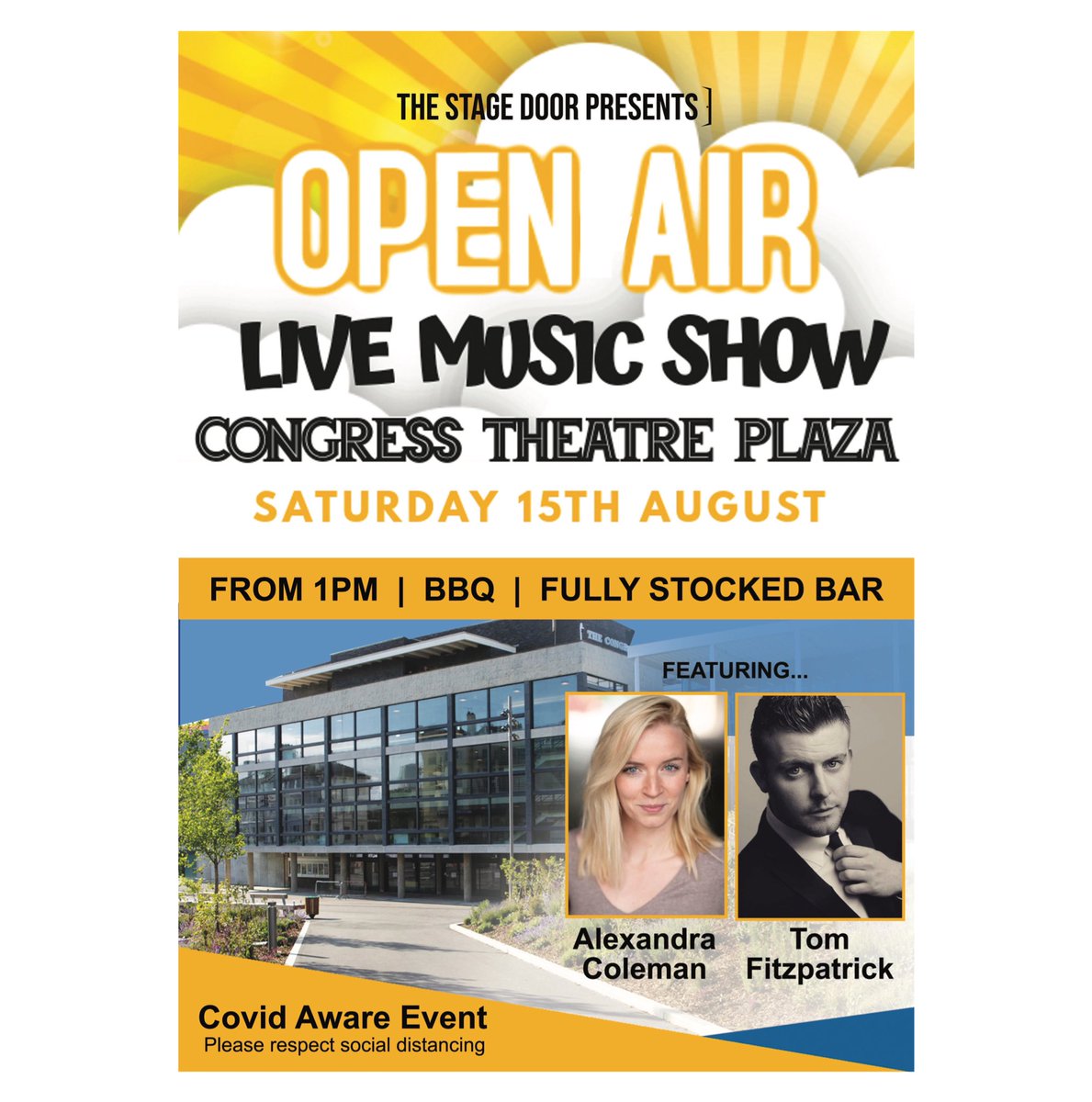 TheStageDoorPub's tweet photo. A Summer #music show is coming to the Congress Theatre plaza next Saturday 15th August and it’s FREE! Featuring jazz sensation @TomFitzcrooner and Alexandra Coleman, you don’t want to miss it 🎵 Starting at 1pm, with a BBQ and licensed bar to enjoy a tipple throughout the show 🎶 https://t.co/gbW9BdhEEf
