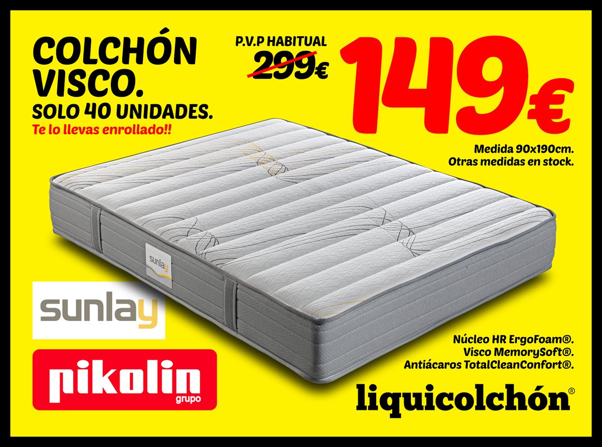 LiquicolchonMa's tweet photo. ⚠️ ¡#LIQUIDACIÓN en #Málaga! Estupendo #colchón #Sunlay #Pikolin con #viscoelástica MemorySoft® y tratamiento #antiácaros TotalCleanConfort® por solo 149€. Otras medidas disponibles en stock. Corre... ¡que se acaban! https://t.co/xFK9d9KjGD https://t.co/WXIsv9tc5R