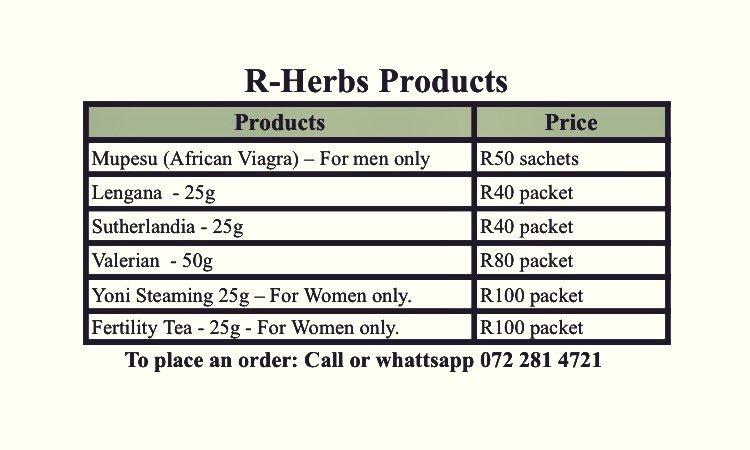 Culiso08's tweet photo. R-Herbs Products Price List. Please your order for #Lengana, #Mupesu (for men) #Sutherlandia, #Valerian, #YoniSteaming (For women) #FertilityTea (For women) Call 0722814721 or 0734313196. We deliver nationwide.
#DJSBU #supportsmallbusiness #lockdown #COVID19 https://t.co/e21QgxXrzN