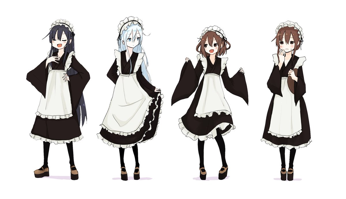 akatsuki (kancolle) ,hibiki (kancolle) ,ikazuchi (kancolle) multiple girls 4girls wa maid long hair brown hair short hair apron  illustration images