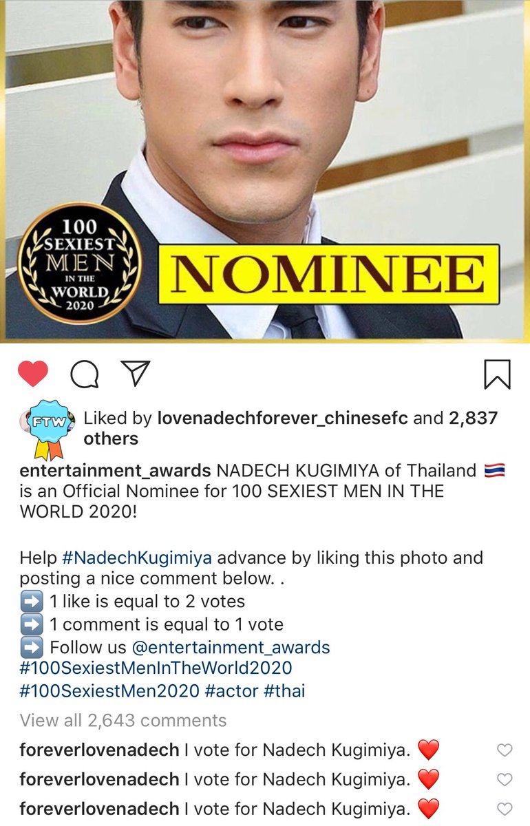 Hi guyssss! Please don’t forget to vote atleast 10 COMMENTS A DAY please! THANK YOU!!!  #100SexiestMenInTheWorld2020  #nadech  #ณเดชน์