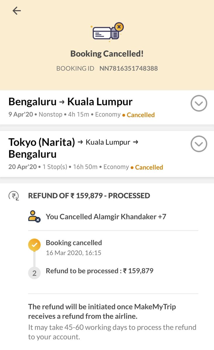 alamgirvisuals's tweet photo. @makemytrip My Bangalore to Tokyo (round trip) flight was on 9th April. Via Malaysian Airlines which was cancelled and the refund was processing. I booked the ticket on 26Jan and cancelled on 16 March. Till now i havent received the refund. Its been 5 months i want my refund asap https://t.co/397a7z8TbV
