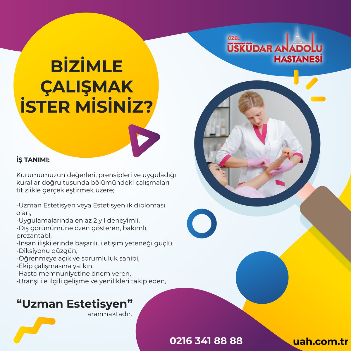 uskudar anadolu hastanesi on twitter kurumumuzun degerleri prensipleri ve uyguladigi kurallar dogrultusunda bolumundeki calismalari titizlikle gerceklestirmek uzere uzman estetisyen arayisimiz bulunmaktadir is ilani isilani istanbul turkiye