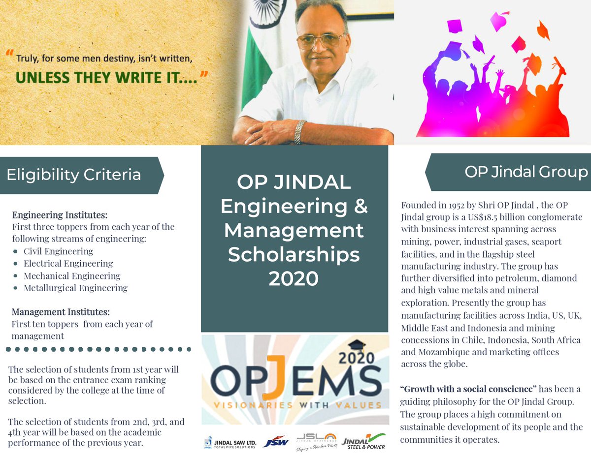 OPJEMS's tweet photo. Glad to inform that OPJEMS 2020 has been launched in 40 colleges across India.
Here is a brief of OPJEMS 2020 Scholarship.
#OPJEMS #OPJindalgroup #Jindalgroup #OPJEMS2020 #Scholarship #Engineeringscholarship #Managementscholarship #Scholarshipfortopinstitutes #topindianinstitutes https://t.co/Sxd9TFmzMm