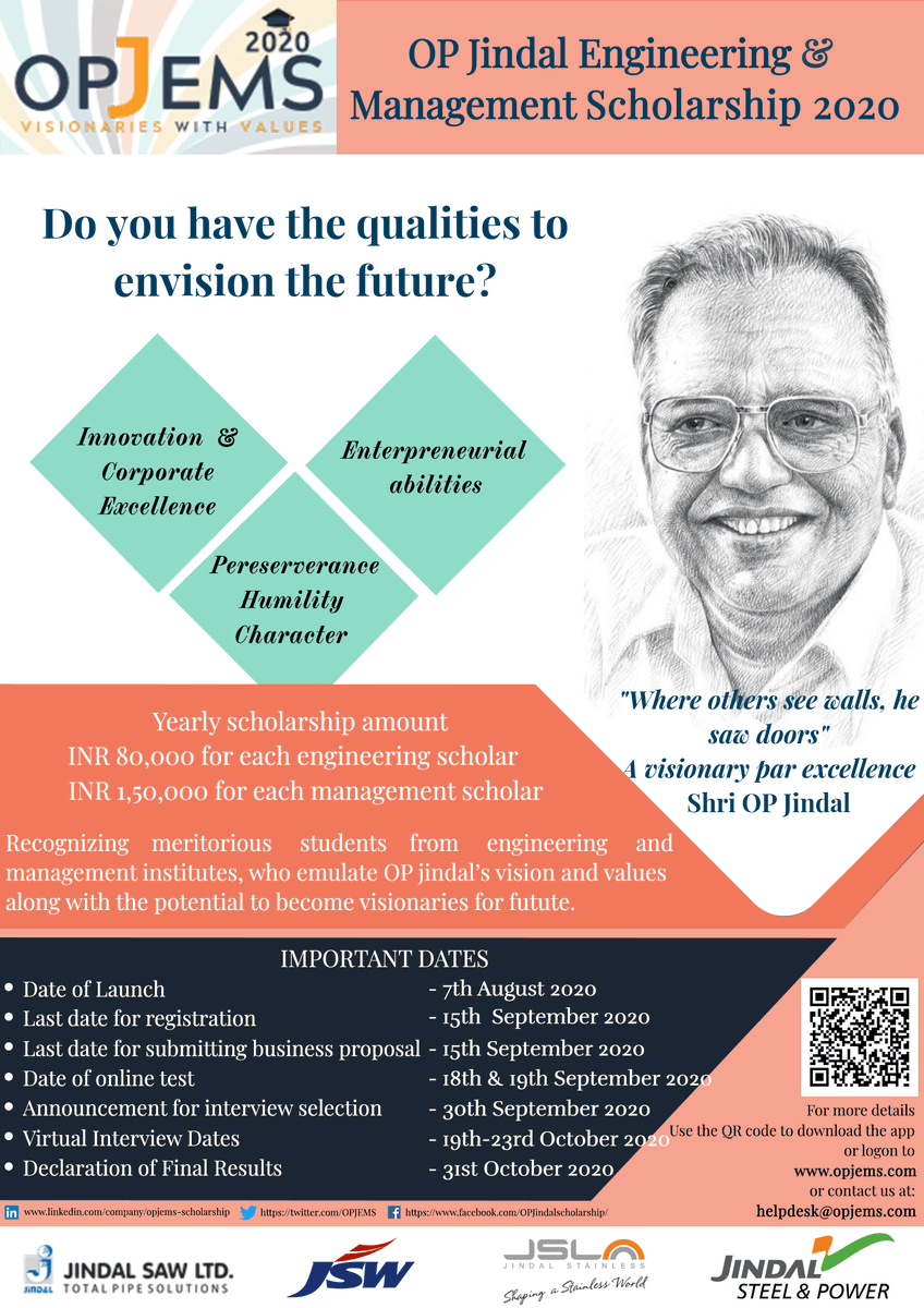 OPJEMS's tweet photo. Glad to inform that OPJEMS 2020 has been launched in 40 colleges across India.
Here is a brief of OPJEMS 2020 Scholarship.
#OPJEMS #OPJindalgroup #Jindalgroup #OPJEMS2020 #Scholarship #Engineeringscholarship #Managementscholarship #Scholarshipfortopinstitutes #topindianinstitutes https://t.co/Sxd9TFmzMm