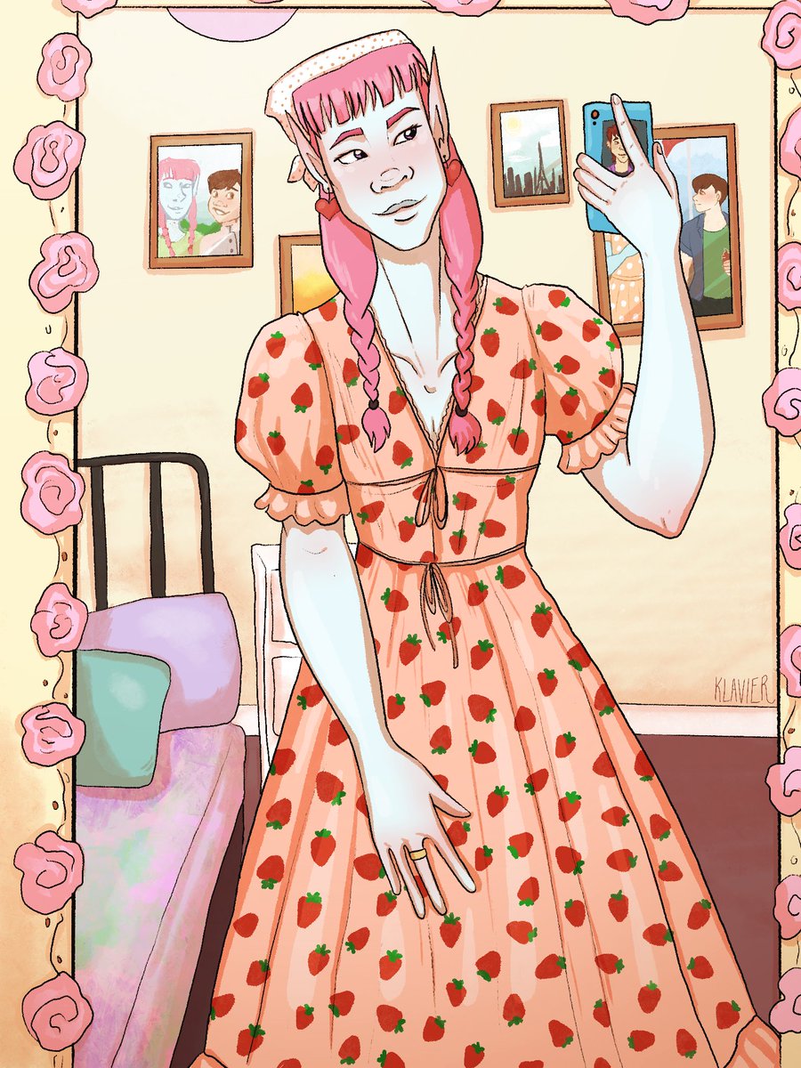 klavierdraws's tweet photo. this is honestly my favourite thing i’ve drawn all year and it’s literally my oc in the strawberry midi dress. why am i like this. i put in so much work in the details and the shading and the background oh my god. https://t.co/bmdrIpMS9h