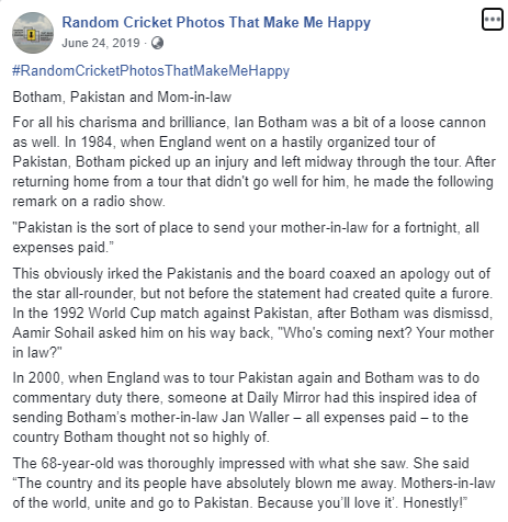 As an exciting day of England-Pakistan cricket beckons, here's a short but spicy story revolving around a certain Jan Waller and her son-in-law. Oh! of course there is England and Pakistan in there as well.