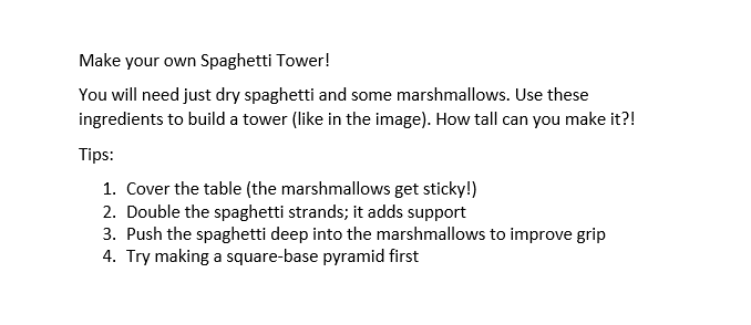 TheHiveWorcs's tweet photo. It is Silly Science Saturday! Use household ingredients to combine engineering and food to make your own Spaghetti Tower! π ποΈ π¨βπ¬ Use the ingredients to build a tower (like in the image). How tall can you make it?! #LibrariesFromHome #SillyScienceSaturdays #STEM #STEAM https://t.co/vtg1uAv1Rx