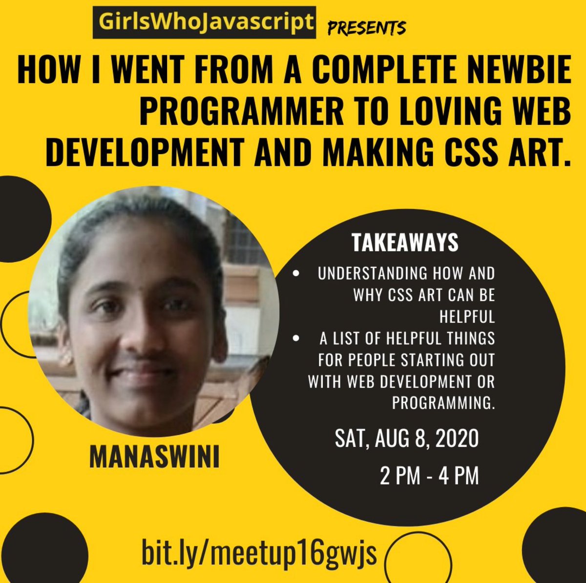 GirlswhoJs's tweet photo. Learning web development and making CSS Art? Join us today, @thisismanaswini is going to talk about her experiences.

https://t.co/S6Ogpgf1lv https://t.co/erO6ma5h9V