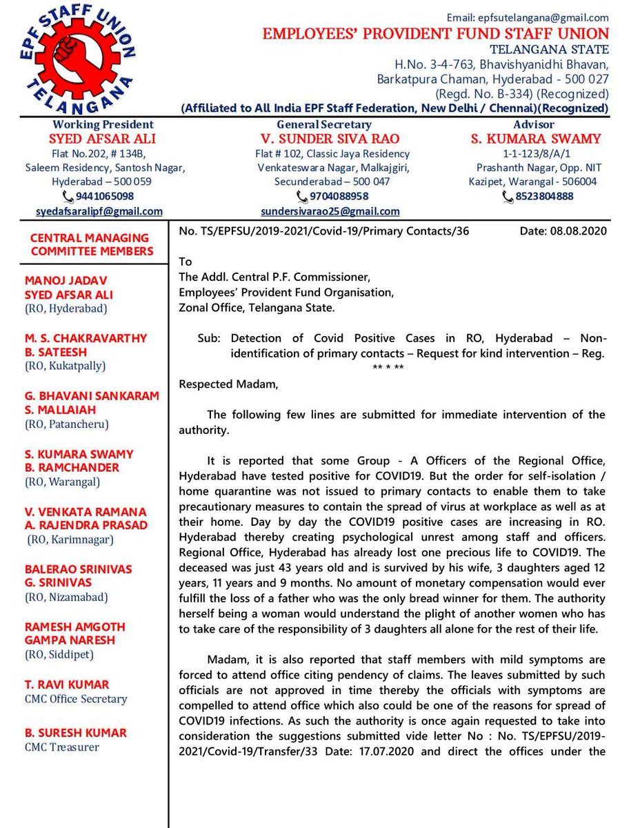 EpfsuT's tweet photo. Detection of Covid Positive Cases in RO, Hyderabad – Non- identification of primary contacts – Request for kind intervention – Reg. https://t.co/ifetMrOuPJ