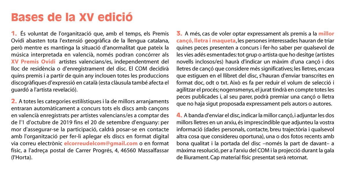 PremisOvidi's tweet photo. ATENCIÓ! 👉 Convoquem els #PremisOHvidi 🏆🎼🎗️

✔️ Termini presentació: 20 de setembre
✔️ 15 anys = 15 categories
✔️ Afegim premis millor versió #OHvidi i millor cançó sobre la #pandèmia
✔️ Lliurament 8 de novembre a Alcoi #AnyOvidiMontllor

Participa! 👇👇👇👇 https://t.co/1DAGimFN2Z