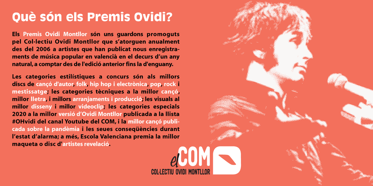 PremisOvidi's tweet photo. ATENCIÓ! 👉 Convoquem els #PremisOHvidi 🏆🎼🎗️

✔️ Termini presentació: 20 de setembre
✔️ 15 anys = 15 categories
✔️ Afegim premis millor versió #OHvidi i millor cançó sobre la #pandèmia
✔️ Lliurament 8 de novembre a Alcoi #AnyOvidiMontllor

Participa! 👇👇👇👇 https://t.co/1DAGimFN2Z