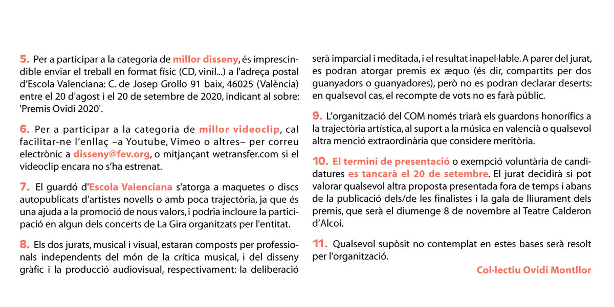 PremisOvidi's tweet photo. ATENCIÓ! 👉 Convoquem els #PremisOHvidi 🏆🎼🎗️

✔️ Termini presentació: 20 de setembre
✔️ 15 anys = 15 categories
✔️ Afegim premis millor versió #OHvidi i millor cançó sobre la #pandèmia
✔️ Lliurament 8 de novembre a Alcoi #AnyOvidiMontllor

Participa! 👇👇👇👇 https://t.co/1DAGimFN2Z