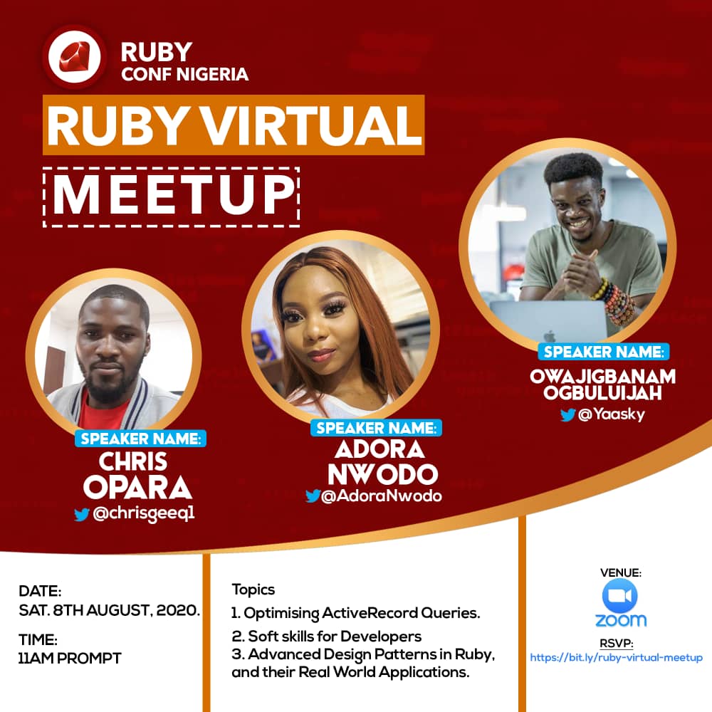rubyconf_ng's tweet image. Drum rolls 🥳🥳🥳. It&apos;s finally today, the #Ruby Virtual #Meetup, August Edition.

Starting at 11 am (WAT) today, get your workspace ready, grab a cup of coffee, and let&apos;s get this rolling. 🔥🔥🔥

RSVP Here: bit.ly/ruby-virtual-m…
