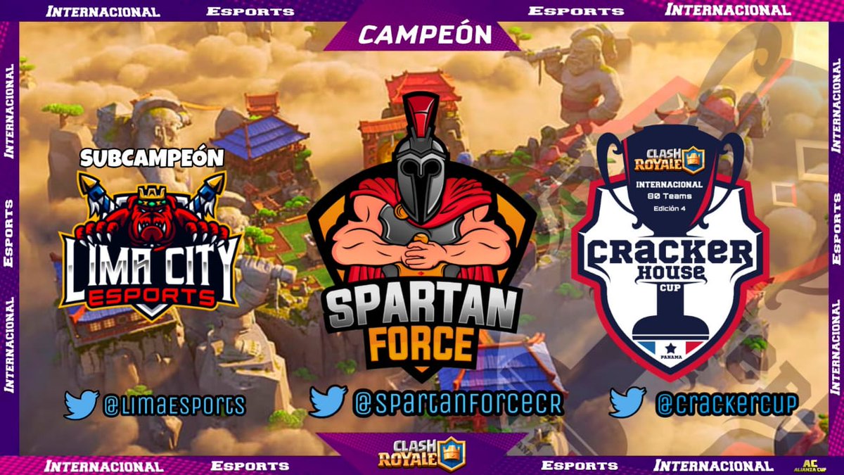 AlianzaCup (@alianzacup) on Twitter photo #ClashRoyale internacional
🏆 <a href="/CrackerCup/">Cracker House CUP</a> 80 teams🏆
Felicitaciones para <a href="/SpartanForceCR/">Spartan Force ©️ (En 🏠)</a> por coronarse campeón internacional después de vencer al subcampeón <a href="/LimaEsports/">Lima City Esports</a> en la gran final.
Próximamente tendremos más copas con premios manténganse atentos a la <a href="/CrackerCup/">Cracker House CUP</a> #ClashRoyale internacional
🏆 <a href="/CrackerCup/">Cracker House CUP</a> 80 teams🏆
Felicitaciones para <a href="/SpartanForceCR/">Spartan Force ©️ (En 🏠)</a> por coronarse campeón internacional después de vencer al subcampeón <a href="/LimaEsports/">Lima City Esports</a> en la gran final.
Próximamente tendremos más copas con premios manténganse atentos a la <a href="/CrackerCup/">Cracker House CUP</a>