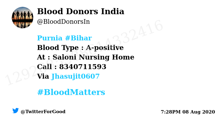 BloodDonorsIn's tweet photo. #Purnia #Bihar
Need #Blood Type :  A-positive
At : Saloni Nursing Home
Blood Component : Blood
Number of Units : 2
Primary Number : 8340711593
Secondary Number : 8340711593
Via: @Jhasujit0607
#BloodMatters
Powered by Twitter https://t.co/clR1JRWZK3