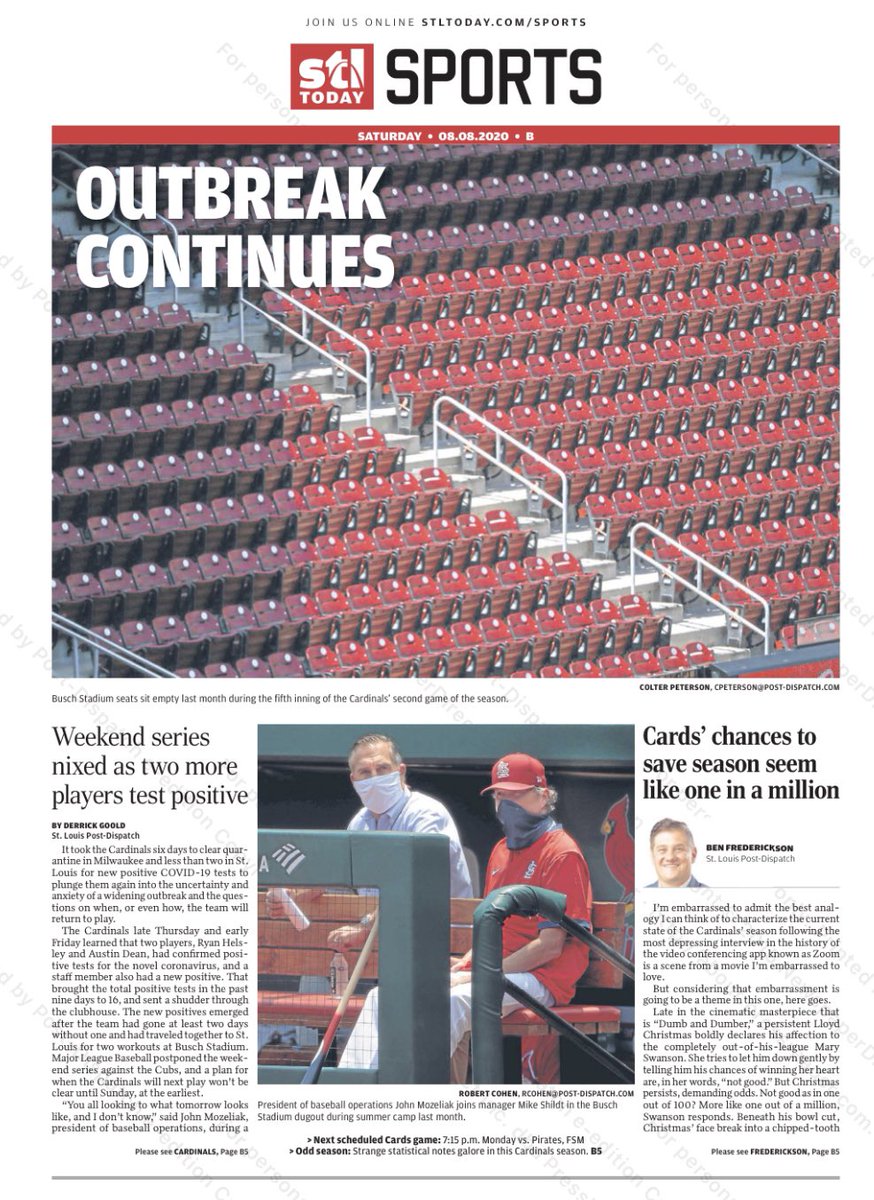 Benjamin Hochman (@hochman) on Twitter photo No Cardinals at-bats, but the hits keep on coming. Here’s today’s <a href="/stltoday/">St. Louis Post-Dispatch</a> coverage:
⚾️ <a href="/dgoold/">Derrick Goold</a> on the latest - 2 more Cards w COVID: stltoday.com/sports/basebal…
⚾️ <a href="/Ben_Fred/">Ben Frederickson</a> column on the low chances on the season still being a season: stltoday.com/sports/columns… No Cardinals at-bats, but the hits keep on coming. Here’s today’s <a href="/stltoday/">St. Louis Post-Dispatch</a> coverage:
⚾️ <a href="/dgoold/">Derrick Goold</a> on the latest - 2 more Cards w COVID: stltoday.com/sports/basebal…
⚾️ <a href="/Ben_Fred/">Ben Frederickson</a> column on the low chances on the season still being a season: stltoday.com/sports/columns…